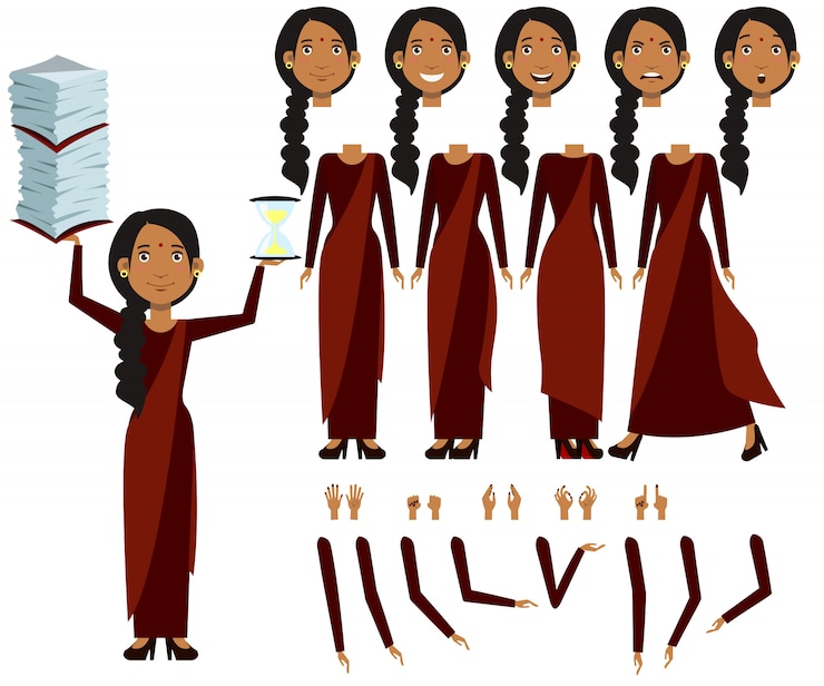 Gratis Vector vlakke iconen set van indiase vrouw standpunten, poses en emoties