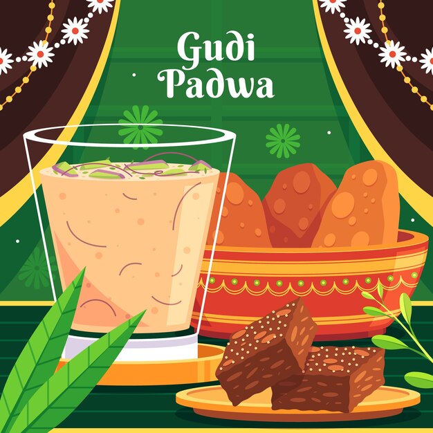 Gratis vector vlakke illustratie voor het gudi padwa-feest