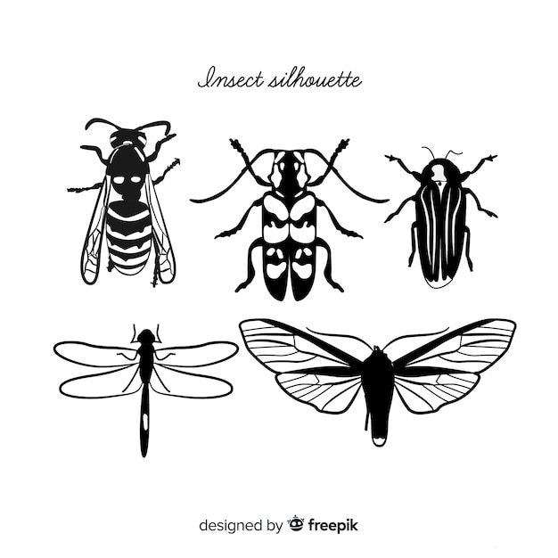 Gratis vector vlakke insecten silhouetten collectie