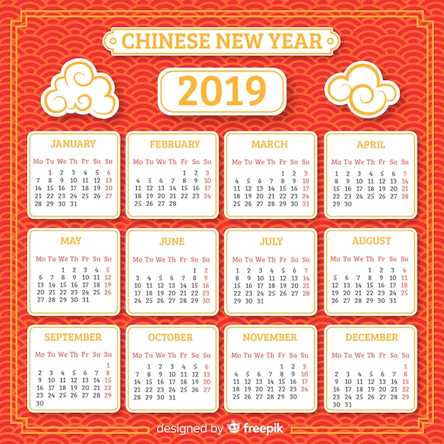 Gratis vector vlakke kalender van het wolken chinese nieuwe jaar