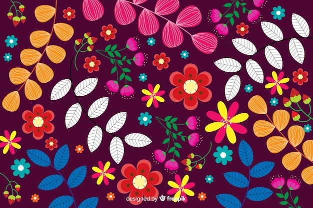 Vlakke kleurrijke bloemen en bladerenachtergrond