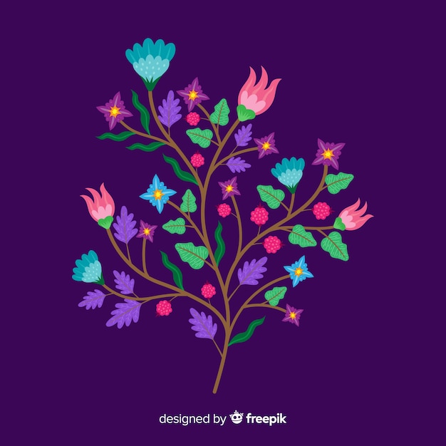 Gratis vector vlakke kleurrijke bloementak op violette achtergrond