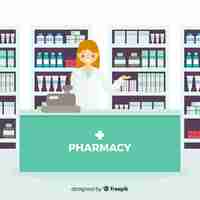 Gratis vector vlakke lachende apotheker eenvoudige achtergrond