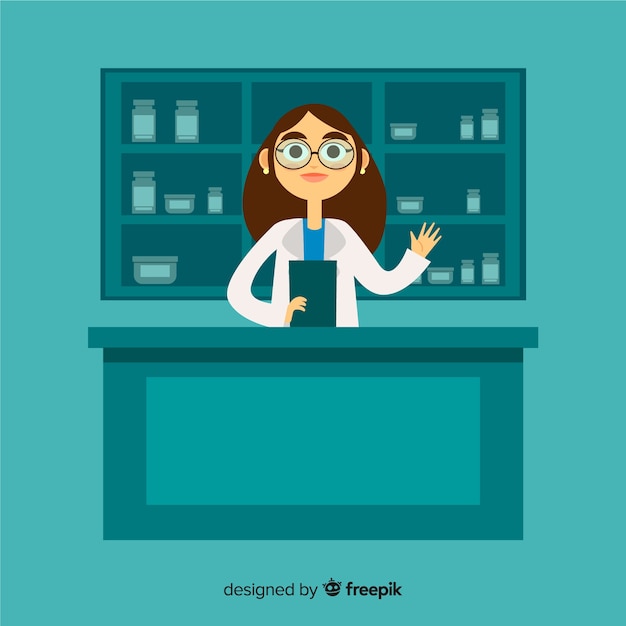 Gratis vector vlakke lachende apotheker eenvoudige achtergrond