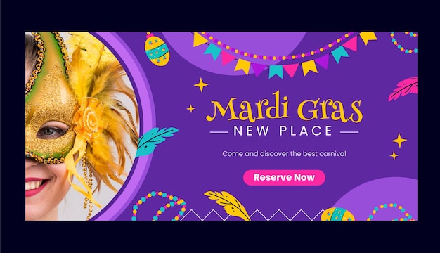 Gratis vector vlakke mardi gras horizontale banner sjabloon.