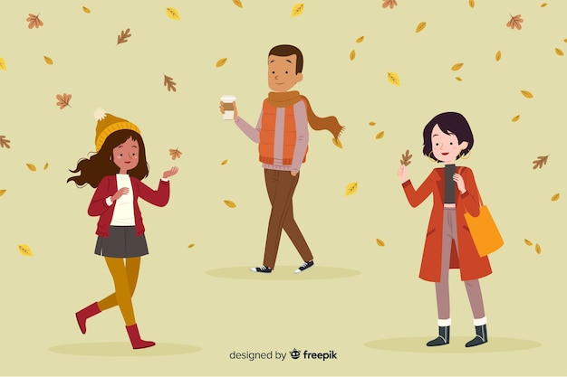 Gratis vector vlakke mensen die in de herfst lopen