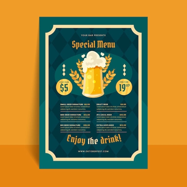 Gratis vector vlakke menu sjabloon voor oktoberfest bierfestival viering