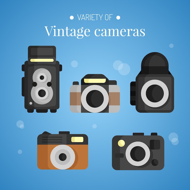 Gratis vector vlakke ontworpen verscheidenheid aan vintage camera's