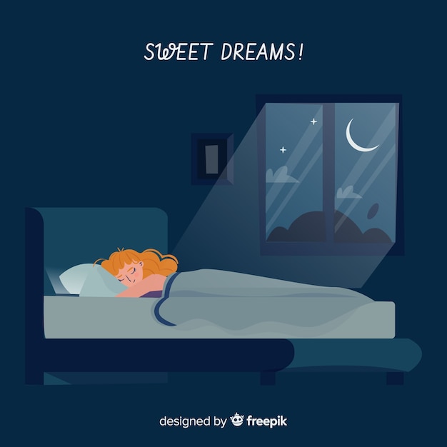 Gratis vector vlakke persoonsslaap bij nacht op bedachtergrond