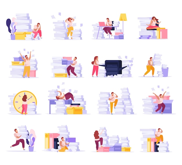 Vlakke pictogrammen instellen met mensen moe van papierwerk in kantoor geïsoleerde vectorillustratie