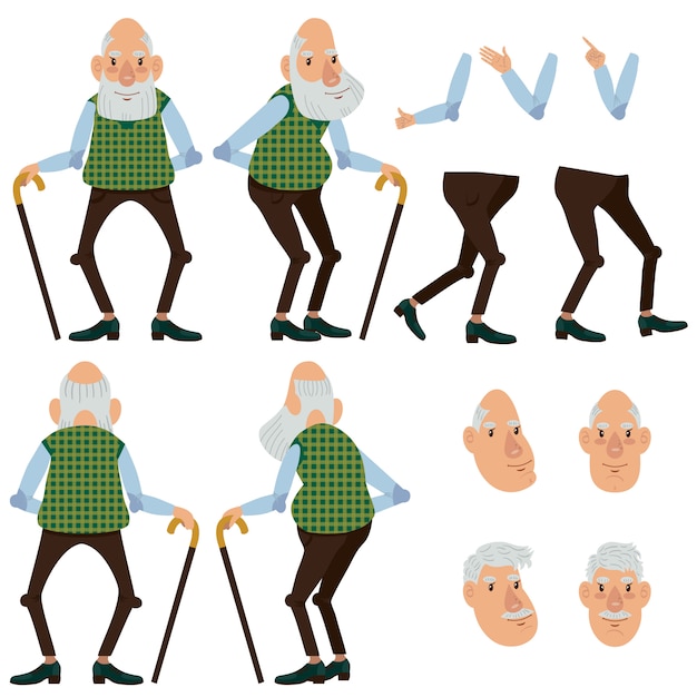 Gratis vector vlakke pictogrammen set van de oude man met stok