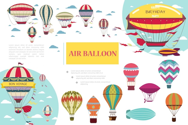 Gratis vector vlakke samenstelling met luchtschepen luchtschepen en luchtballons van verschillende kleuren en patronenillustratie