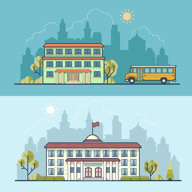 Gratis vector vlakke schoolgebouw gevel ingang, bus en gemeentelijke overheid centrum illustratie set. modern en klassiek stadsarchitectuurconcept.