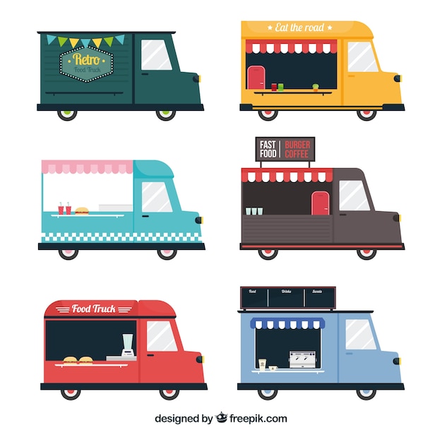 Gratis vector vlakke set van vintage voedselwagens