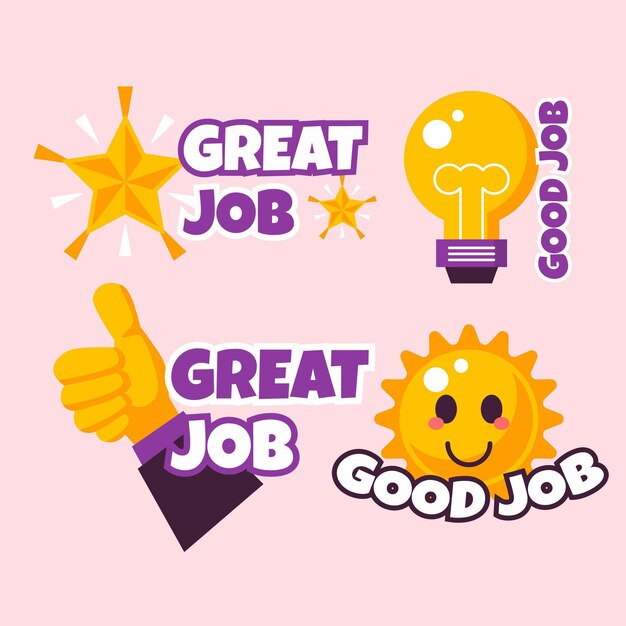 Vlakke stickers voor goed werk en geweldig werk