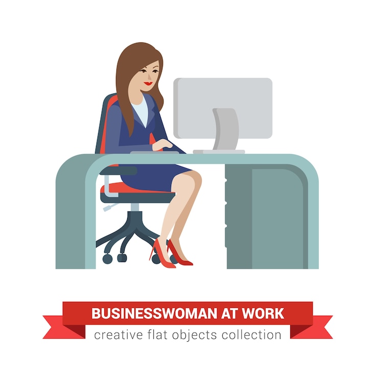 Gratis Vector vlakke stijl isometrische jonge mooie mooie zakenvrouw secretaris assistent manager chief accountant baas op werkplek. creatieve mensencollectie.