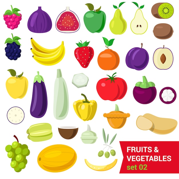 Vlakke stijl mooie kwaliteitsset van groenten en fruit. Bes framboos vijgen appel peer kiwi bosbes pruim banaan tomaat aubergine peper aardappel olijf kokosnoot druif meloen. Creatieve voedselcollectie.