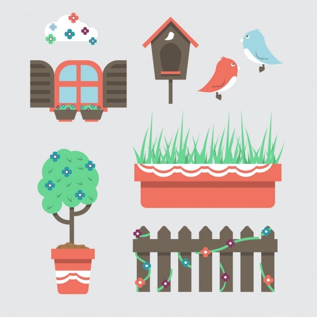 Gratis vector vlakke tuin elementen set