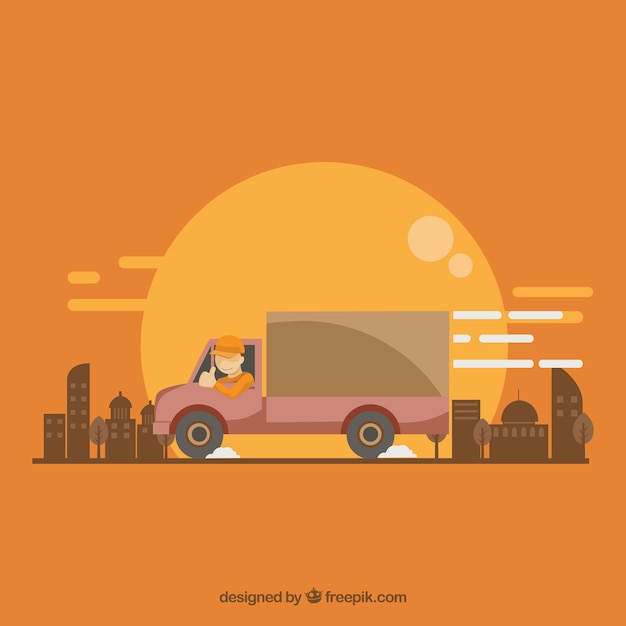 Gratis vector vlakke vrachtwagen en gebouwen