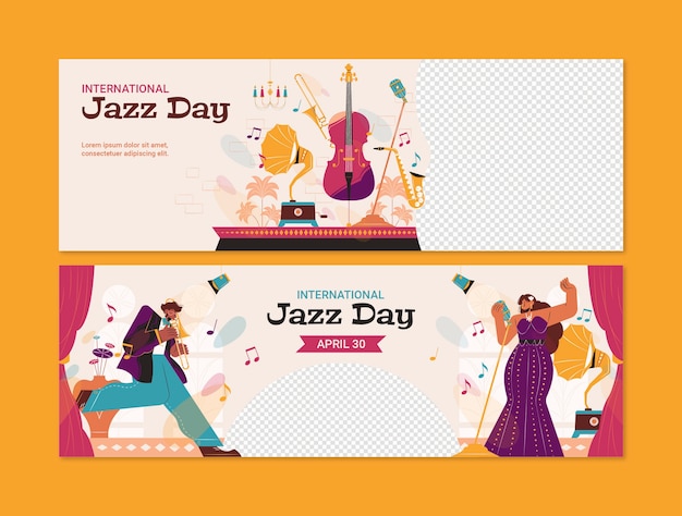 Vlakke wereld jazz dag horizontale banner sjabloon