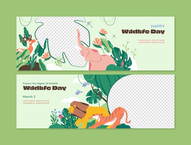 Vlakke wereld wilde dieren dag horizontale banner sjabloon