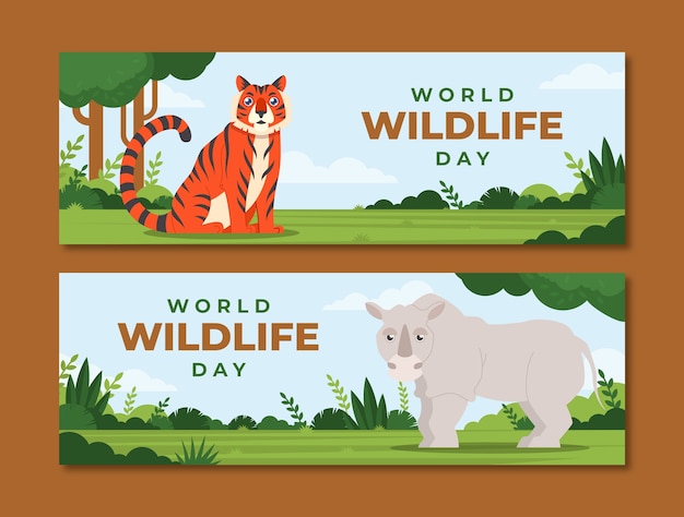 Gratis vector vlakke werelddierendag horizontale spandoeken met fauna en flora