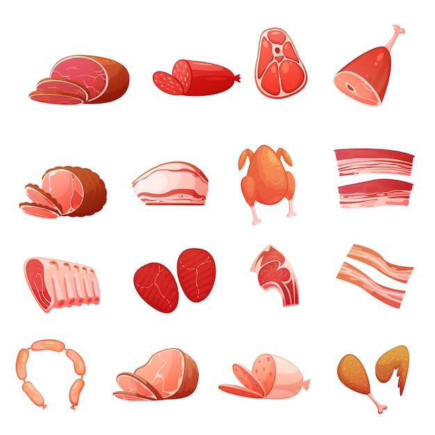 Vlees iconen set van gastronomische delicatessen met carbonaat worst knakworsten