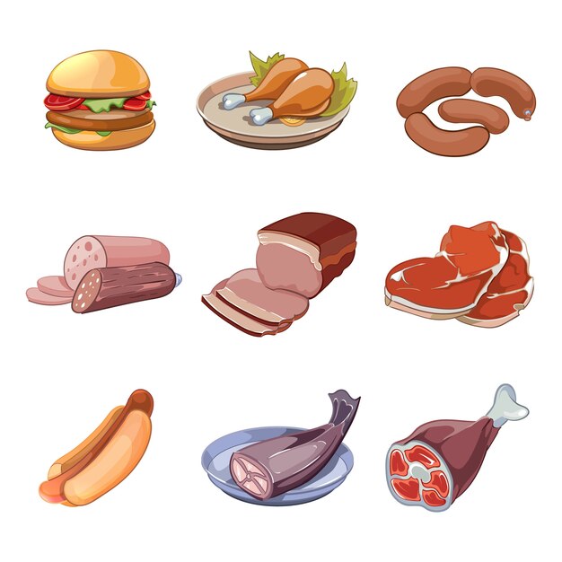 Vlees, vis, kip en fastfood. Hotdog en hamburger, menu steak lunch worst.