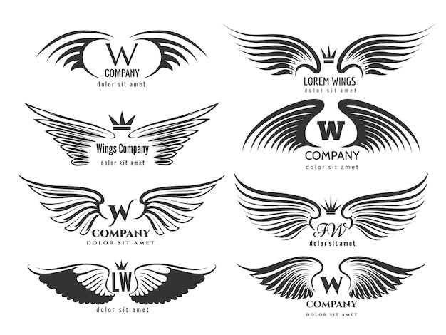 Vleugels logo set. Vogelvleugel of gevleugeld logo-ontwerp geïsoleerd op een witte achtergrond. Paar vleugelsvogels of engelen voor bedrijfslogoillustratie