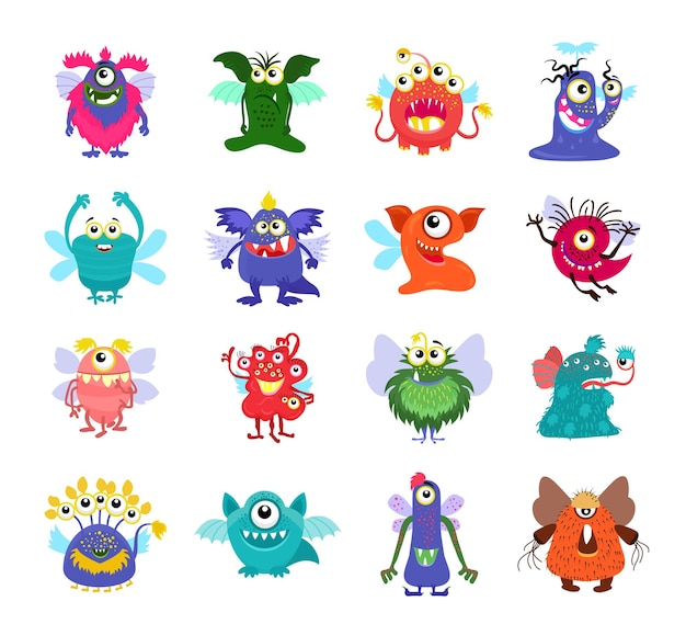 Vliegende cartoon monsters instellen voor kinderfeest. Vliegende monsters met vleugel, het karakter van het illustratiemonster