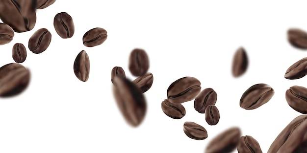 Vliegende geroosterde koffiebonen op wit