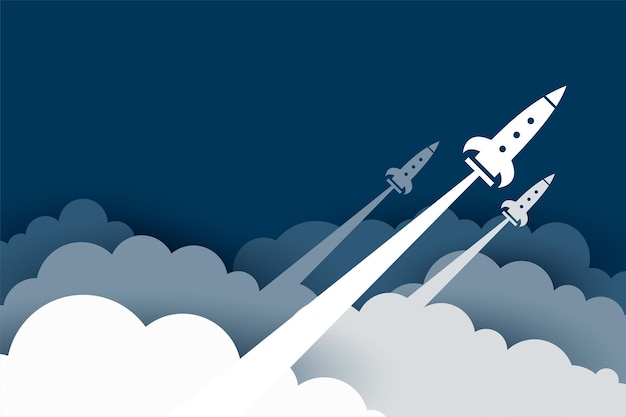 Vliegende raket over de wolken in papercut-stijl