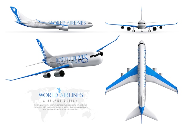 Gratis vector vliegtuig realistische identiteit set van wereld luchtvaartmaatschappijen in verschillende standpunten geïsoleerd