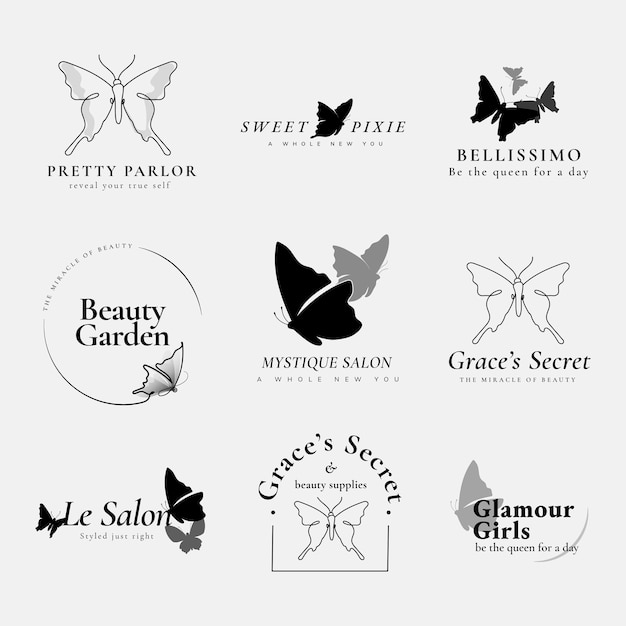 Vlinder logo sjabloon, beauty business, zwarte creatieve platte grafische vector set