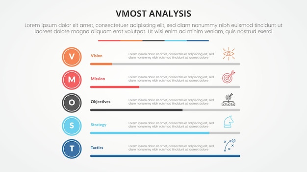 Vmost analyse sjabloon infographic concept voor dia presentatie met procentbalk vooruitgang stapel met 5 punt lijst met platte stijl vector