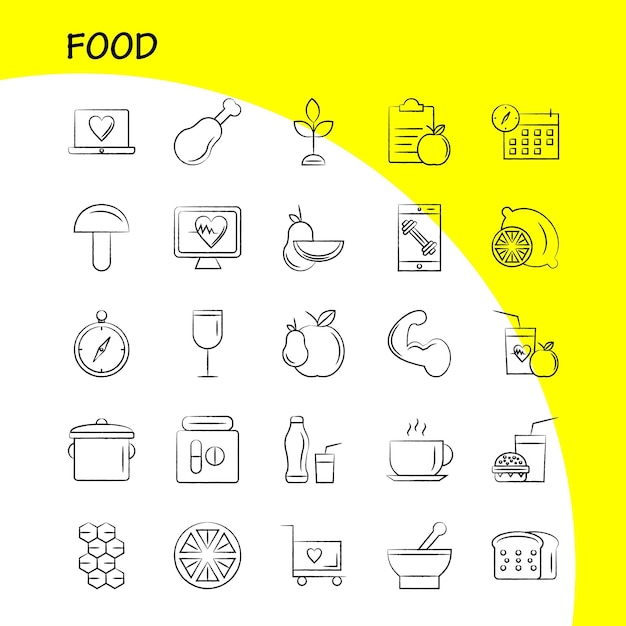Gratis vector voedsel hand getekend icoon voor web print en mobiele uxui kit zoals citroen voedsel fruit gezondheid hamburger drinken fastfood pictogram pack vector