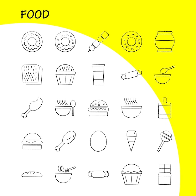 Gratis vector voedsel handgetekende pictogrammen set voor infographics mobiele uxui kit en print ontwerp inclusief bbq vlees voedsel maaltijd oven koken voedsel maaltijd collectie moderne infographic logo en pictogram vector