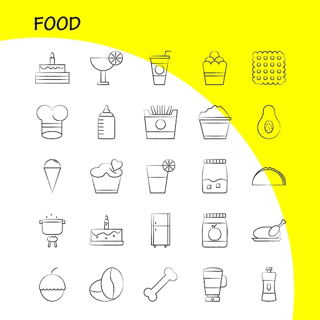 Voedsel handgetekende pictogrammen set voor infographics mobiele uxui kit en print ontwerp inclusief thee koffie voedsel maaltijd peper zout voedsel maaltijd collectie moderne infographic logo en pictogram vector