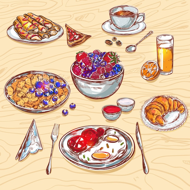 Gratis vector voedsel ontbijt bekijk icon set