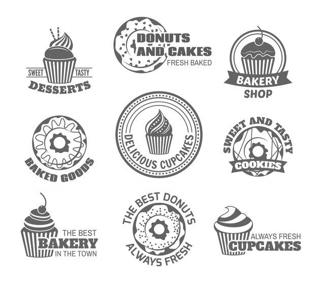 Voedsel zoete lekkere desserts donut en cupcake labels instellen geïsoleerde vector illustratie