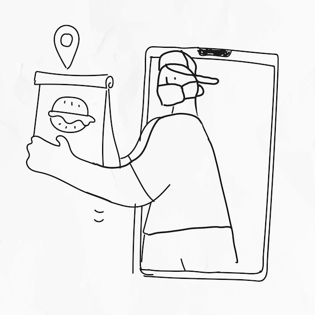 Voedselbezorgingsvector en sociale afstand covid-19 doodle illustratie