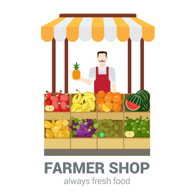 Gratis vector voedselmarkt fruitwinkel eigenaar verkoper. vlakke stijl moderne professionele baan gerelateerde man werkplekobjecten. showcase box ananas appel banaan sinaasappel kiwi druiven peer. mensen werken collectie