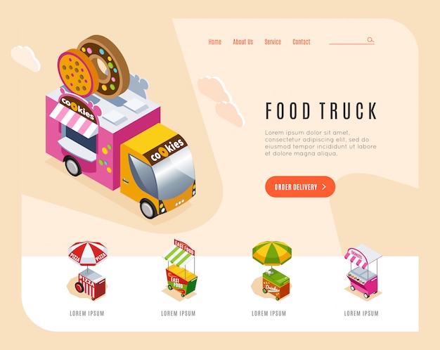 Voedselvrachtwagen reclamelandingspagina met isometrische beelden van straatbestelwagen en karrenverkoop bakkerij vectorillustratie