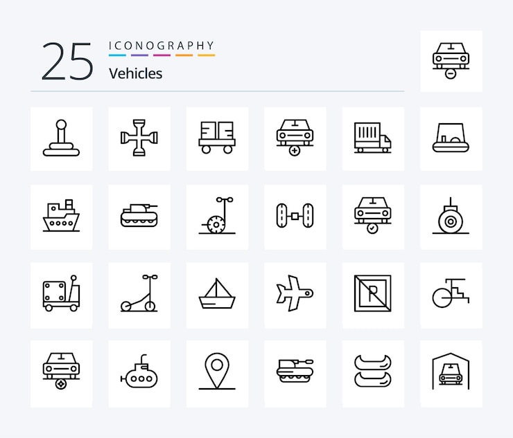 Gratis Vector voertuigen 25 line icon pack inclusief levering plus vorkheftruck meer toevoegen