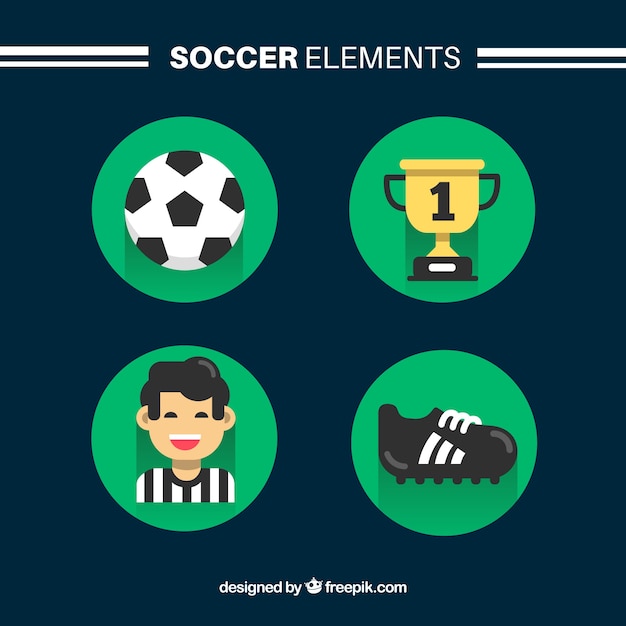 Gratis vector voetbal elementen collectie met apparatuur in vlakke stijl