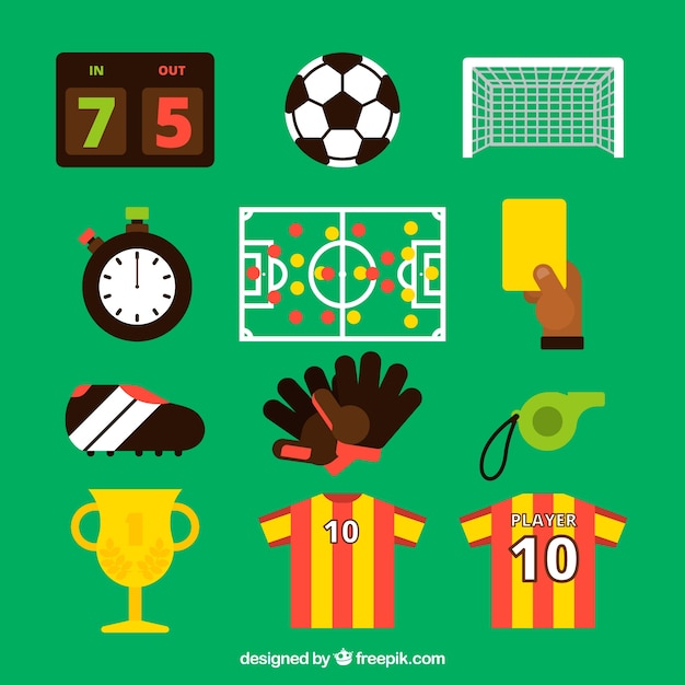 Gratis vector voetbal elementen collectie met apparatuur in vlakke stijl