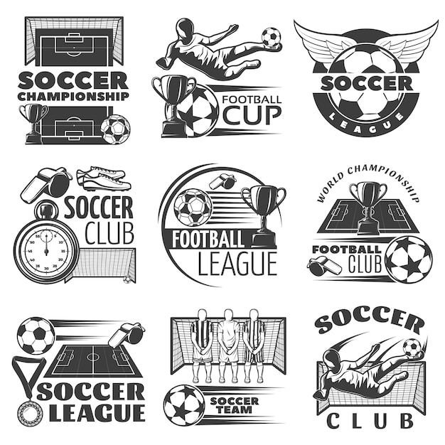 Voetbal zwart wit emblemen van clubs en toernooien met sportartikelen trofeeën spelers geïsoleerd