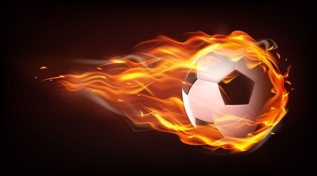Voetbalbal die in vlammen realistische vector vliegen