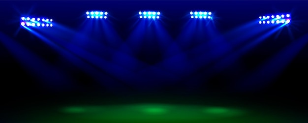 Gratis vector voetbalstadion veld met lichte vector sport arena nacht achtergrond spotlight op voetbal groen gras lege illustratie sjabloon 3d-realistische competitie of kampioenschap speeltuin achtergrond