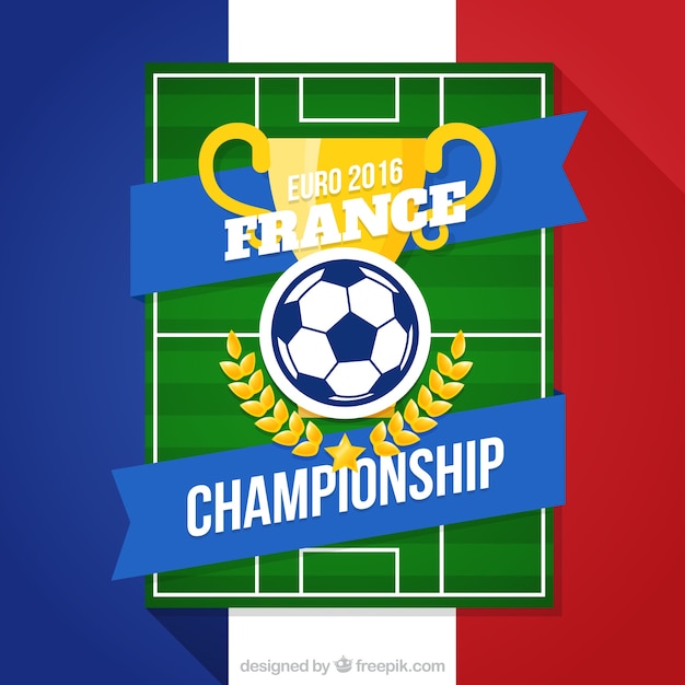 Gratis vector voetbalveld met een gouden trofee euro 2016 achtergrond